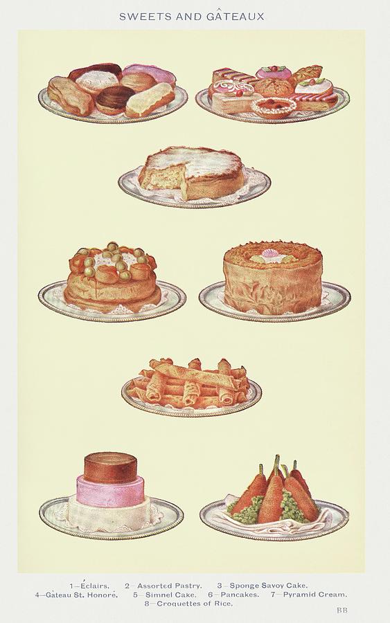 Vintage Drawing - Sweets and Gateaux by Mrs Beeton