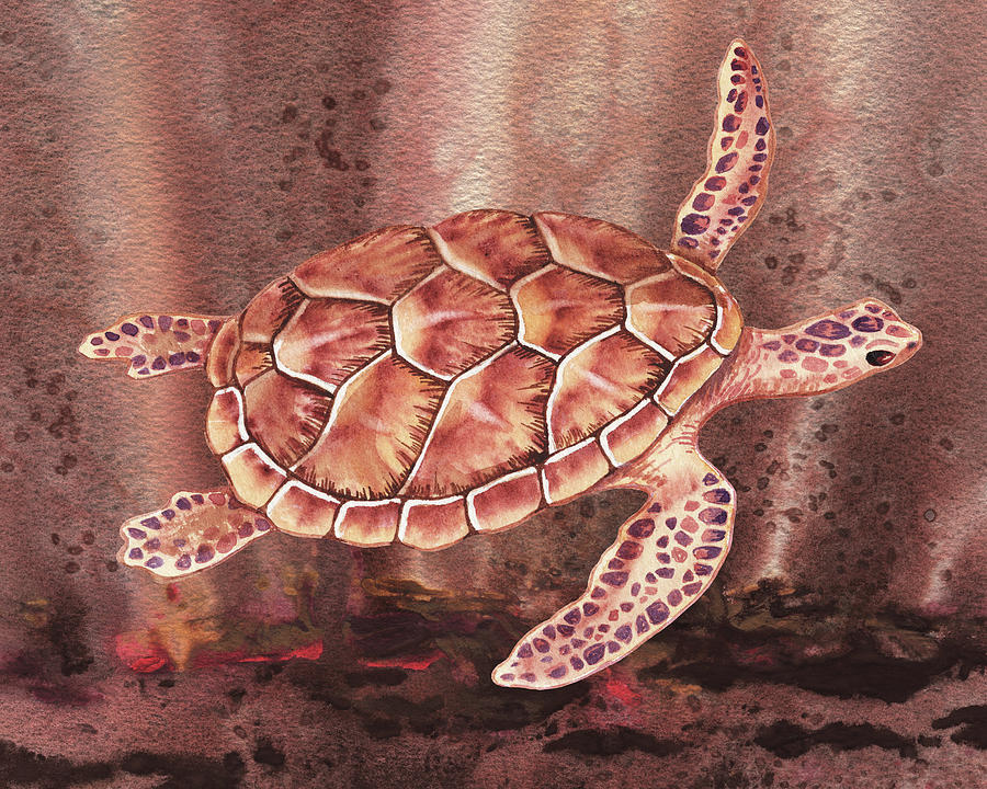 Swimming Free In Calm Sea Watercolor Giant Turtle Painting by Irina Sztukowski