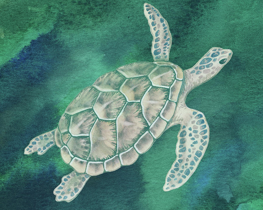 Swimming Free In Teal Green Blue Sea Turtle  Painting by Irina Sztukowski