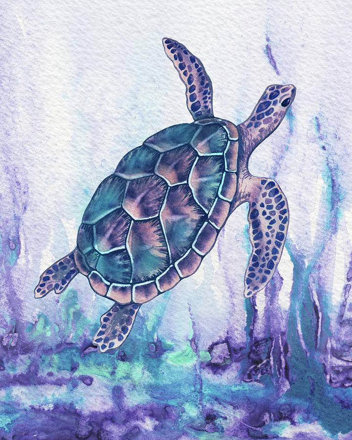 Swimming Free In The Purple Sea Giant Turtle Watercolor  Painting by Irina Sztukowski