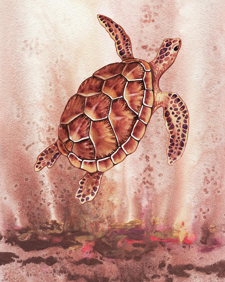 Swimming Free Under The Ocean Giant Sea Turtle Watercolor  Painting by Irina Sztukowski