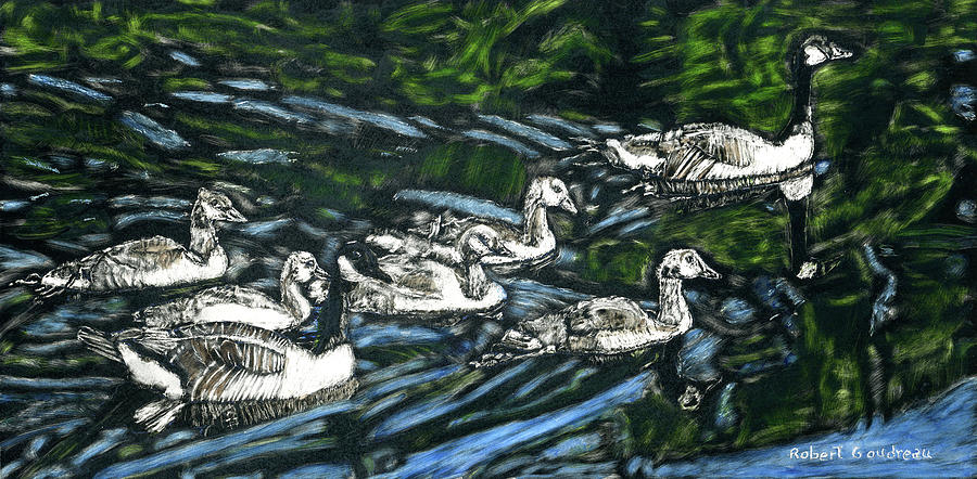 Swimming Geese Painting by Robert Goudreau