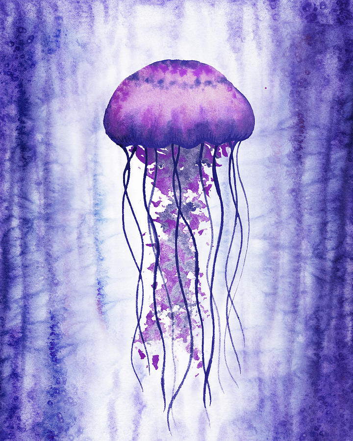 Swimming In Purple Ocean Jellyfish Watercolor  Painting by Irina Sztukowski