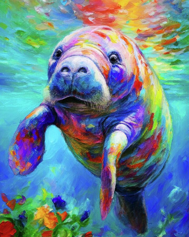 Swimming Manatee Colorful Painting Painting by Dan Sproul Swimming Manatee Colorful Painting Painting by Dan Sproul