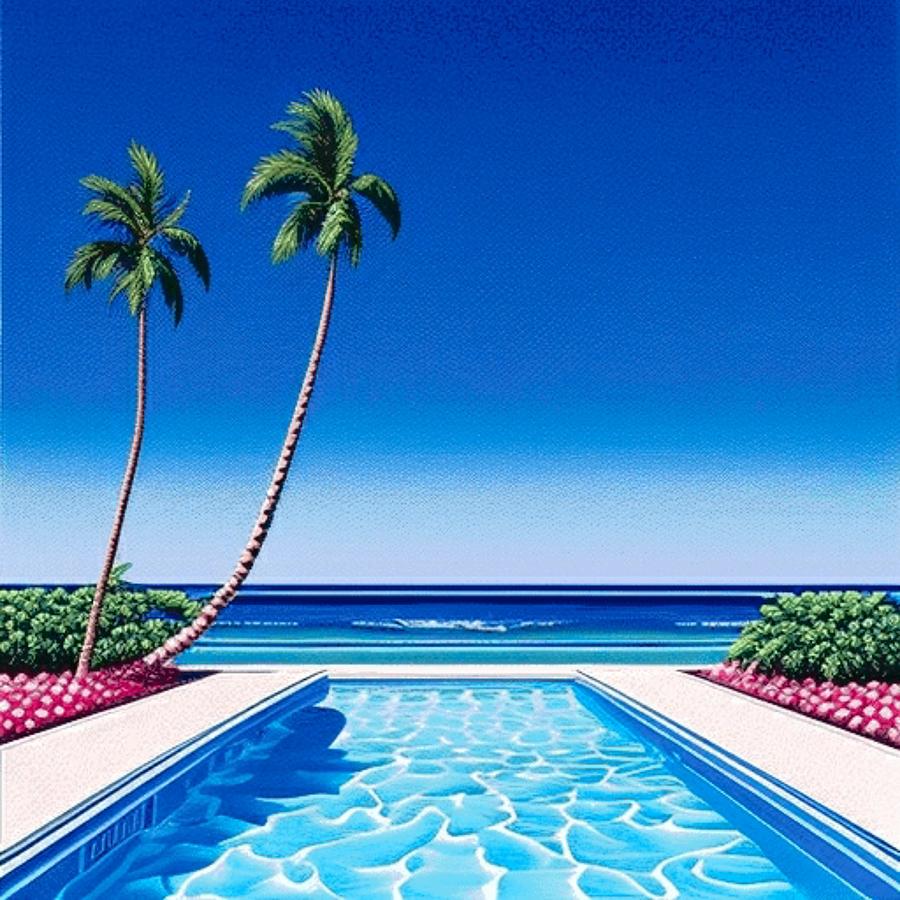 swimming pool blue, Island, Trees palm,sea, No.1. Painting by Hiroshi ...