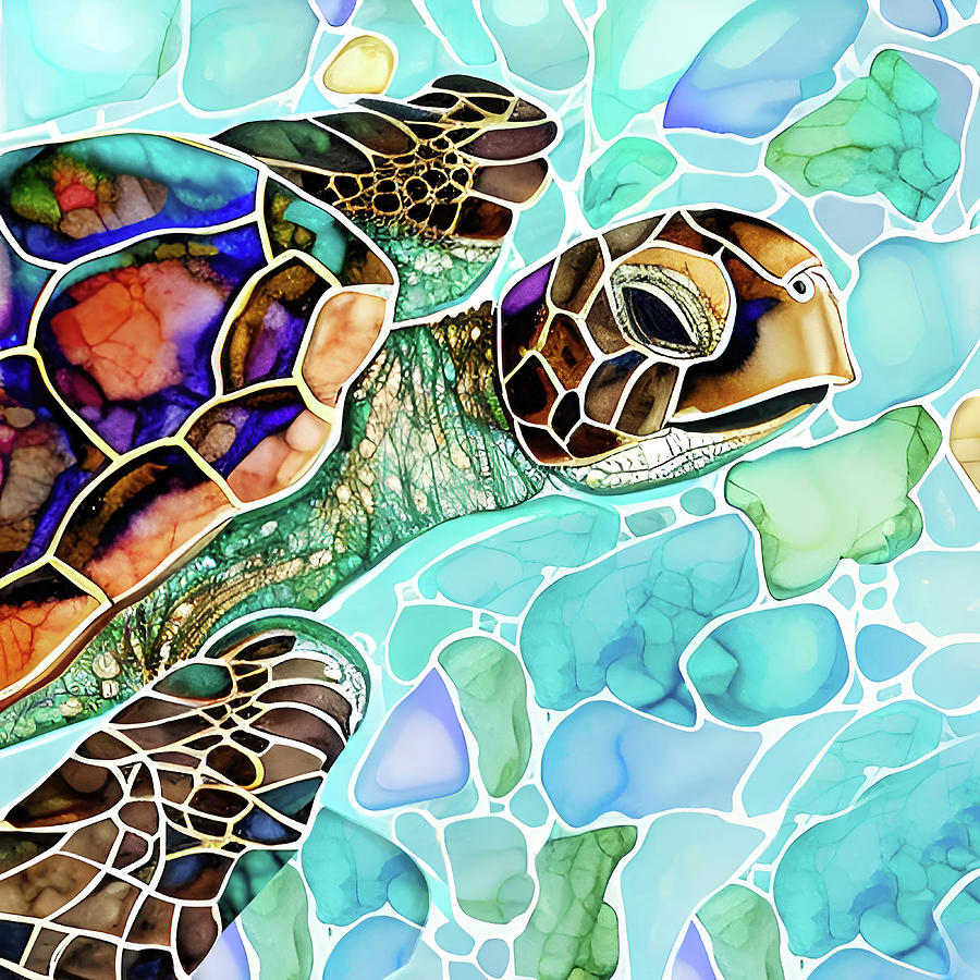Swimming Turtle Painting Mixed Media