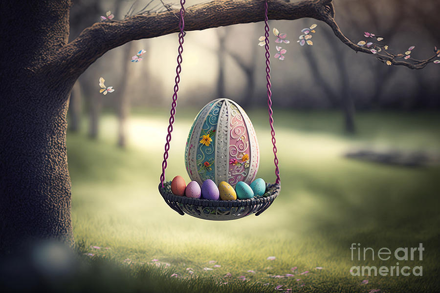 Easter Digital Art - Swinging into Easter, Photorealistic Egg on a Swing in Spring Ambiance by Jeff Creation