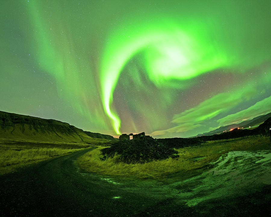 Swirling Aurora Hvalfjordur Ruins Hvitanes Iceland Photograph by Toby McGuire