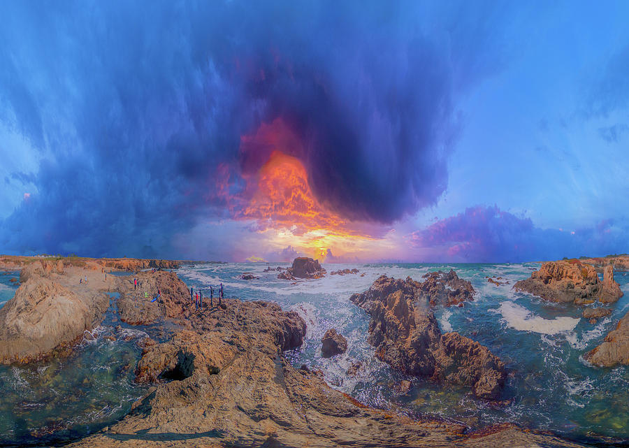 Swirling Blue Red Foggy Rocky Ocean Sunset Photograph by Eszra Tanner