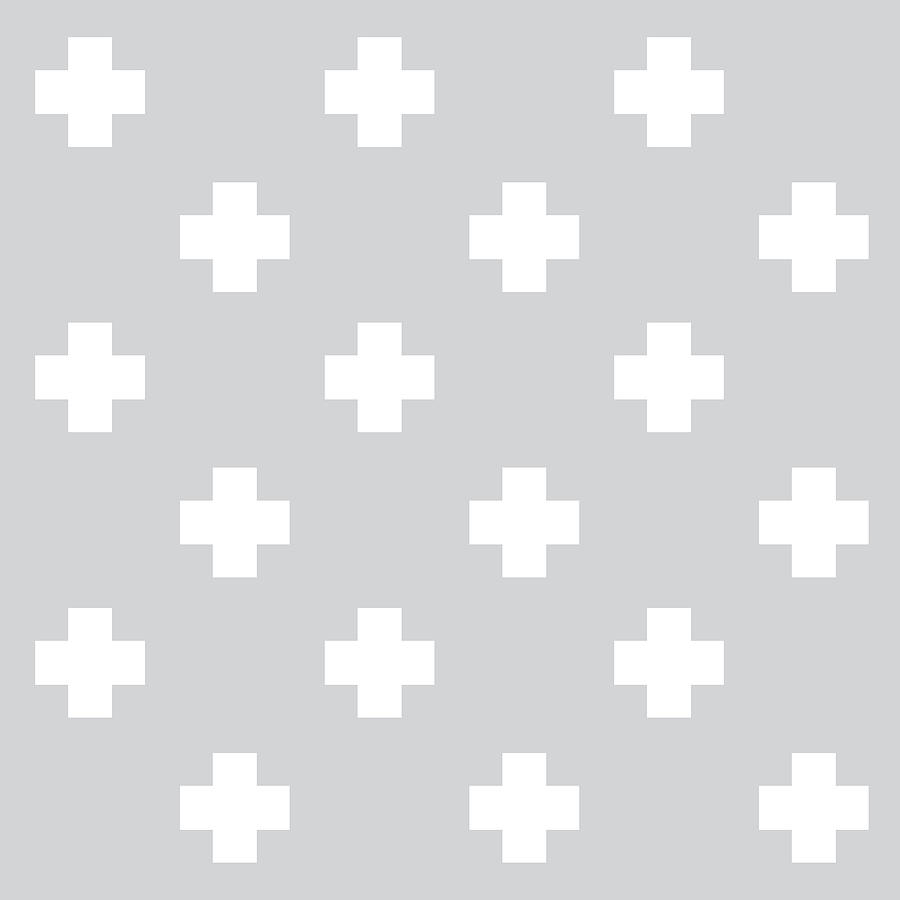 Swiss Cross 5 - Plus Cross Pattern - Minimal Geometric Pattern - Saltire - White, Grey Digital Art