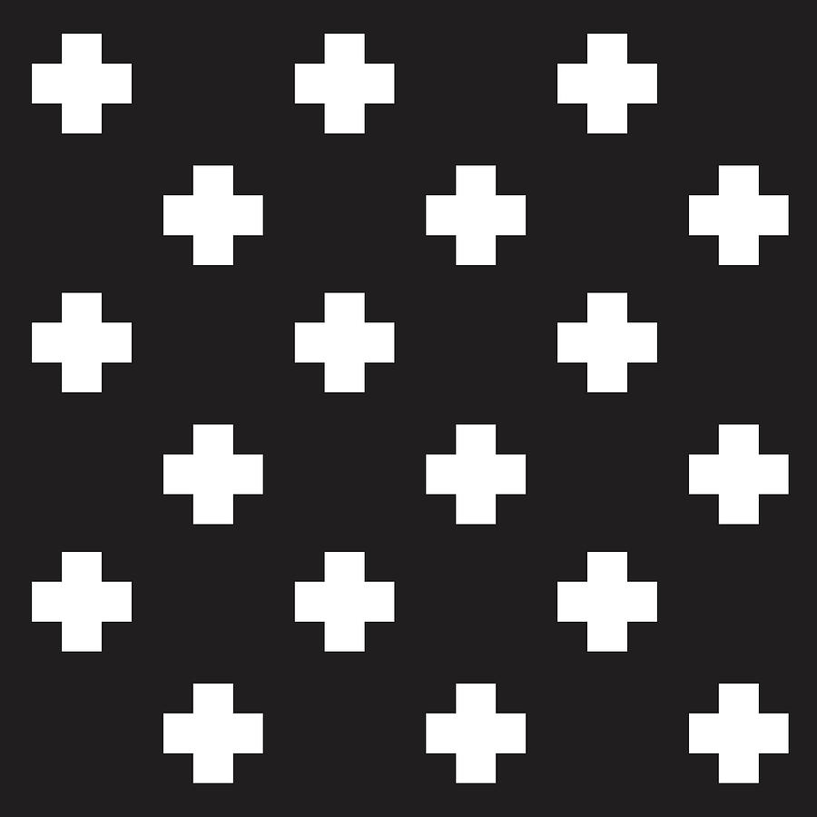 Abstract Digital Art - Swiss Cross 6 - Plus Cross Pattern - Minimal Geometric Pattern - Saltire - White, Black by Studio Grafiikka