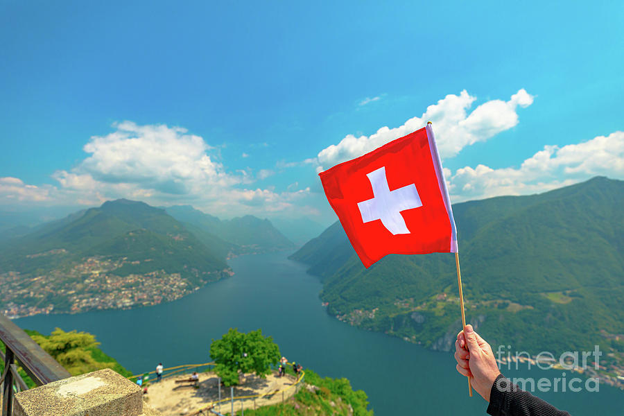Swiss flag on Lugano San Salvatore Photograph by Benny Marty
