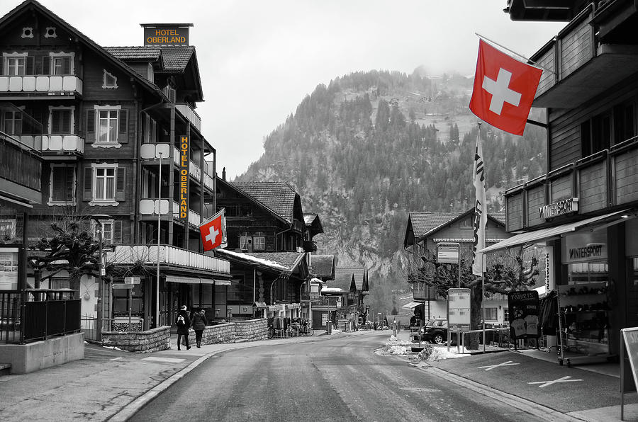 Swiss Flags Hotel Oberland Lauterbrunnen Switzerland Jungfrau Color Splash Digital Art by Shawn OBrien