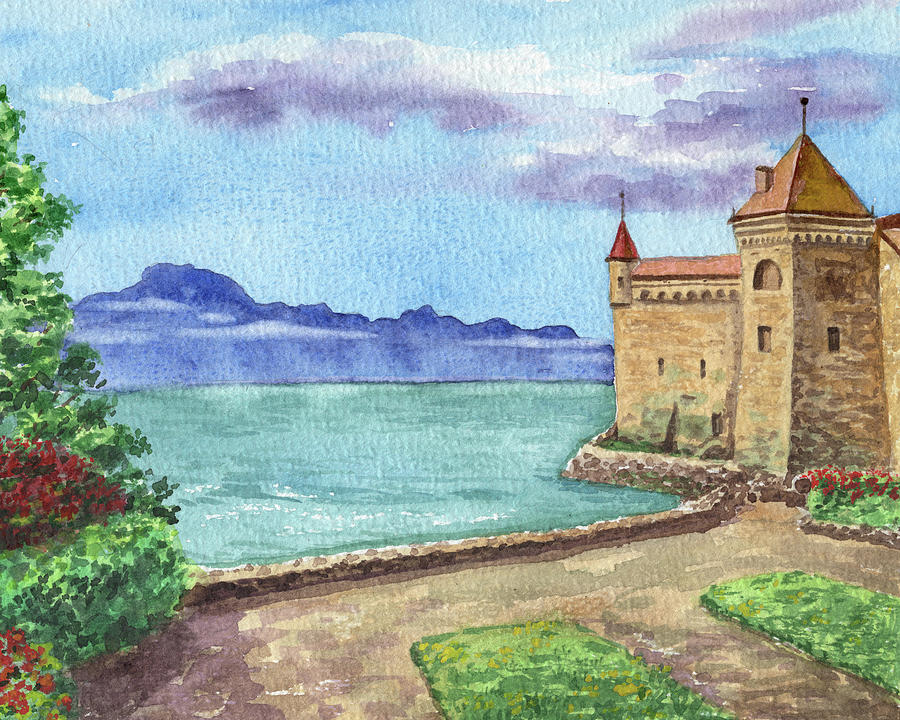 Switzerland Lake Geneva Chillon Castle Watercolor Landscape  Painting by Irina Sztukowski