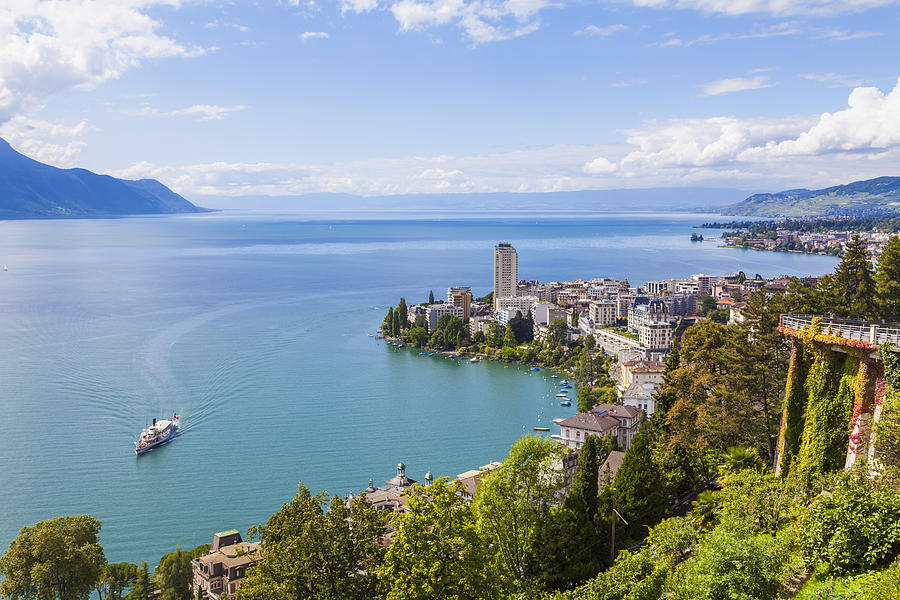 Switzerland, Lake Geneva, Montreux, cityscape with paddlesteamer Photograph by Westend61