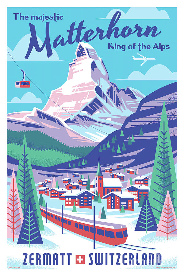 Mid Century Modern Digital Art - Switzerland Matterhorn Alps Travel Poster by Jim Zahniser