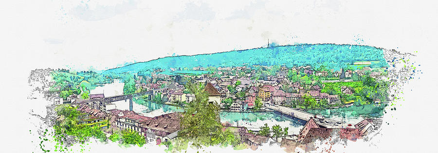 Switzerland, Schaffhausen, View From Munot Fortress, Watercolor, By Ahmet Asar Painting