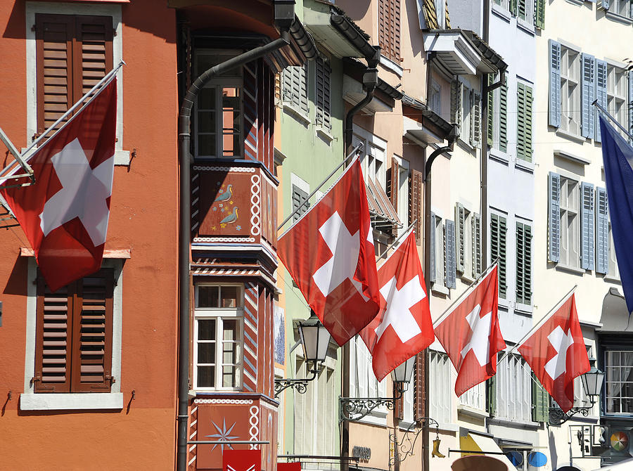 Switzerland Zurich City With Flags On Building Facade Photograph by Wakila