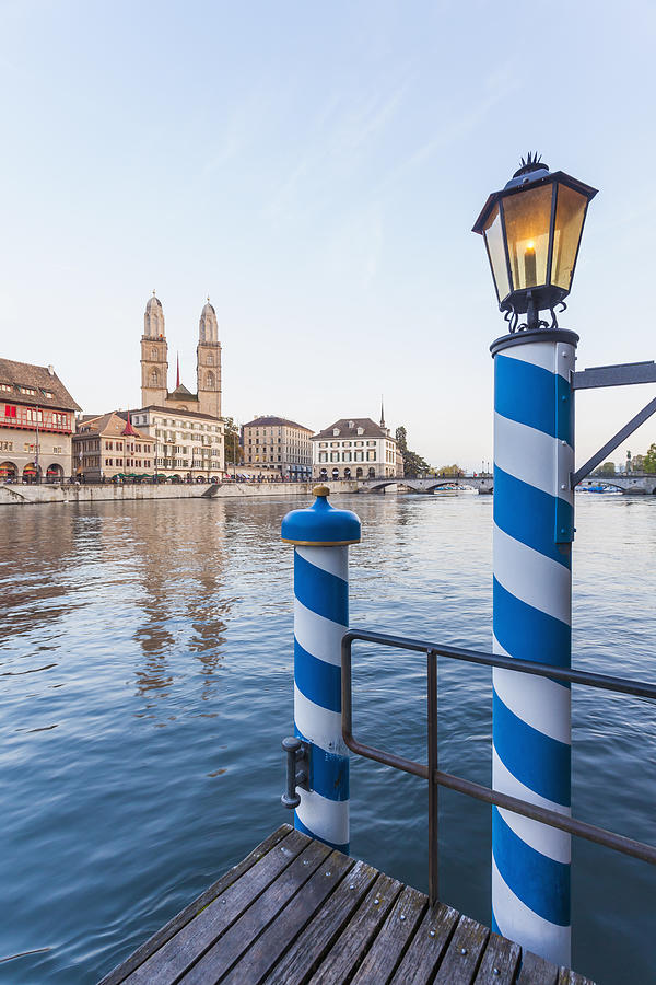 Switzerland, Zurich, River Limmat, Limmat Quai, mooring area, Great Minster in the background Photograph by Westend61