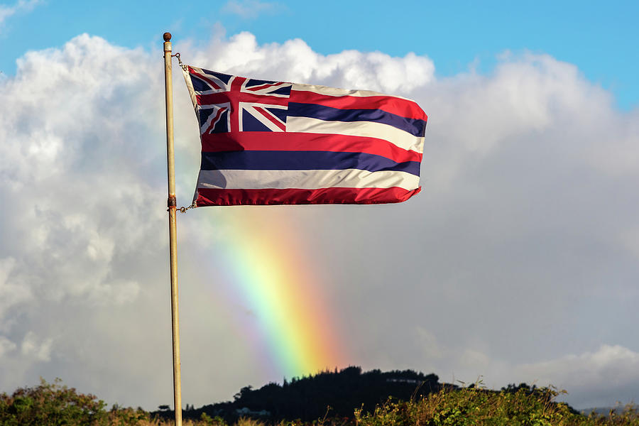 Symbol Of Aloha, The Hawaiian Flag Dances With A Maui Rainbow Photograph