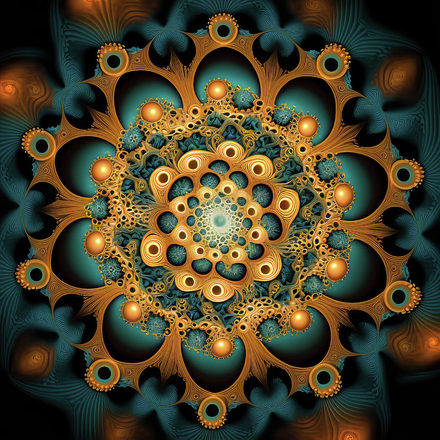 Symmetrical Fractal Mandala Art Gold and Teal Digital Art by Matthias Hauser