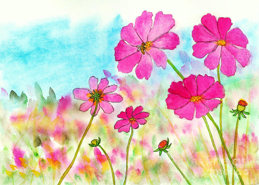 Watercolor Flowers Painting - Symphony in Pink, Watercolor Cosmos Flowers by Itaya Lightbourne Watercolor Flowers Painting - Symphony in Pink, Watercolor Cosmos Flowers by Itaya Lightbourne