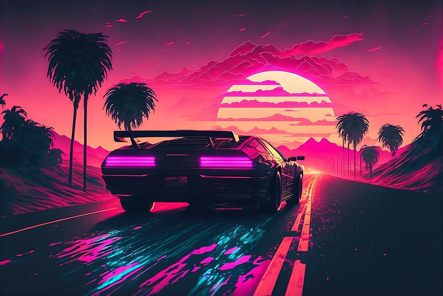 Synthwave Car Racing Into Sunset Digital Art by Hatless Luffy - Fine ...