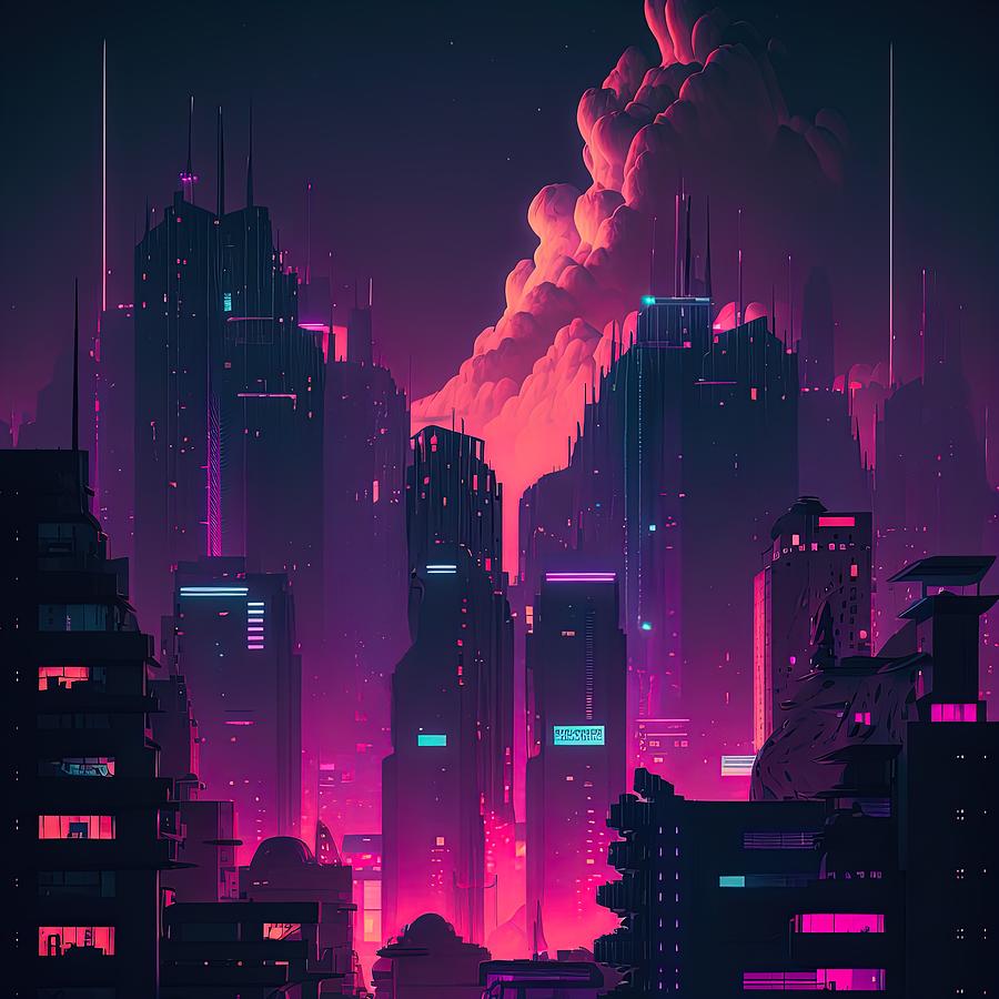 Synthwave City At Night Digital Art by Damien Adam - Pixels