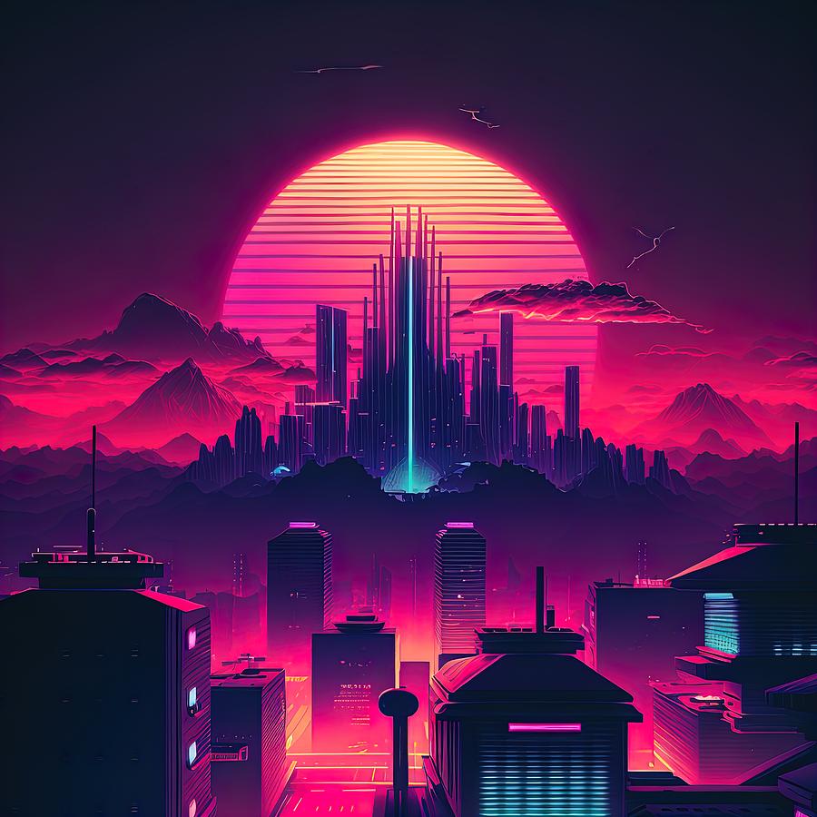 Synthwave Sunset City Skyline Digital Art by Damien Adam - Pixels