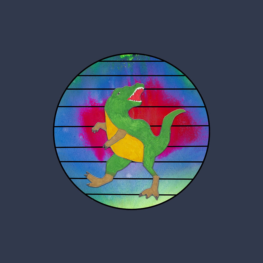 T-Rex in an Abstract Colorful Circle with Lines  Mixed Media by Ali Baucom