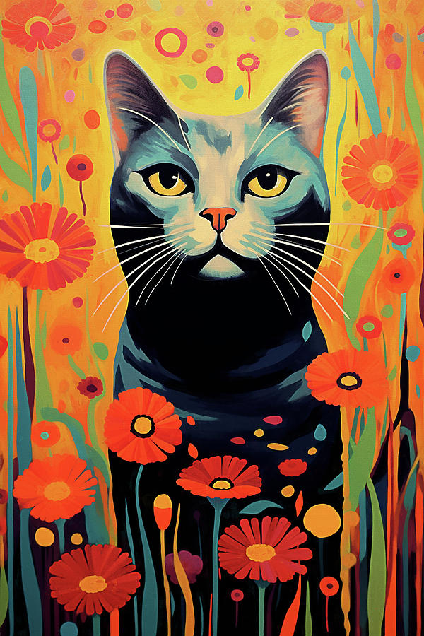 Tabby Cat and Flowers Digital Art by Peggy Collins