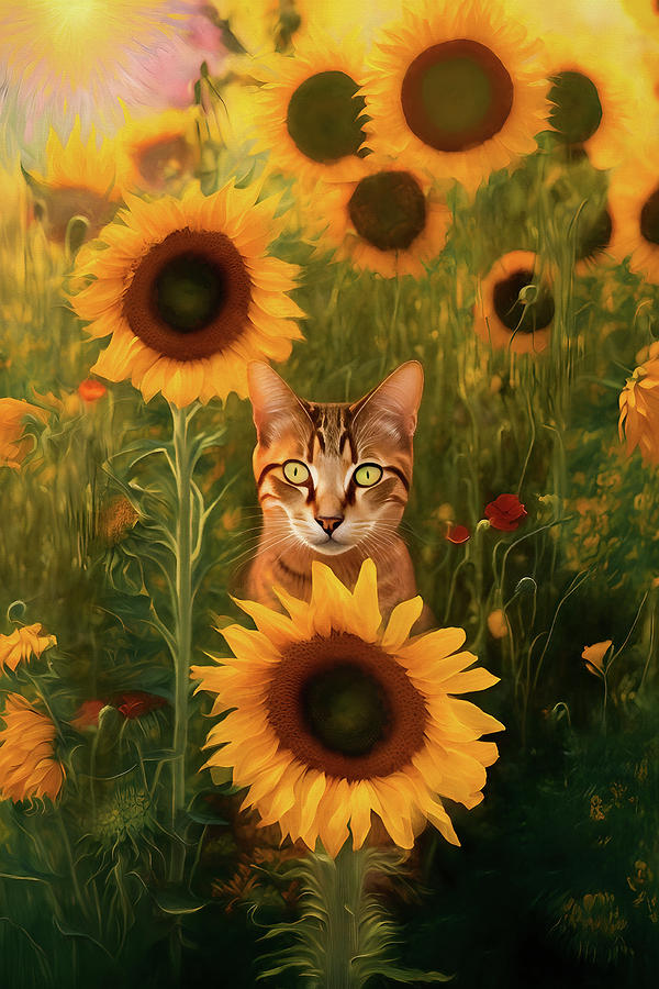 Tabby Cat and Sunflowers Digital Art by Peggy Collins