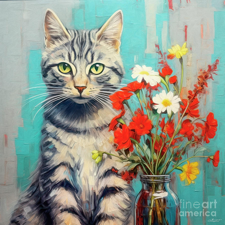 Tabby Cat with Flowers Digital Art by Jutta Maria Pusl