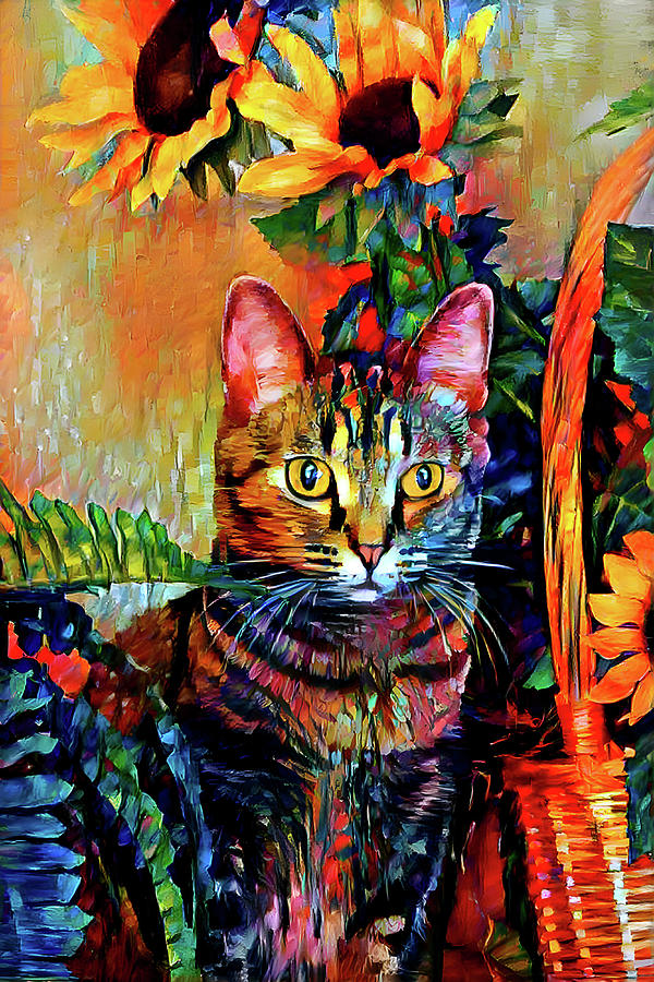 Cat Digital Art - Bengal Tabby Cat with Sunflowers - Pepper by Peggy Collins