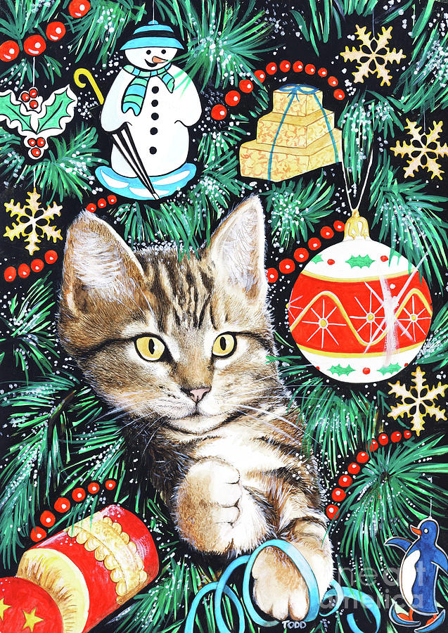 Tabby Christmas Kitten Painting by Tony Todd