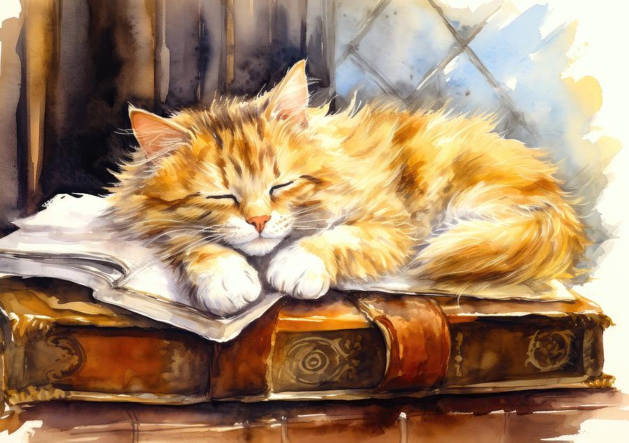 Cat Digital Art - Tabby Kitten Snoozing on books 05 by Simone Edward Artwork