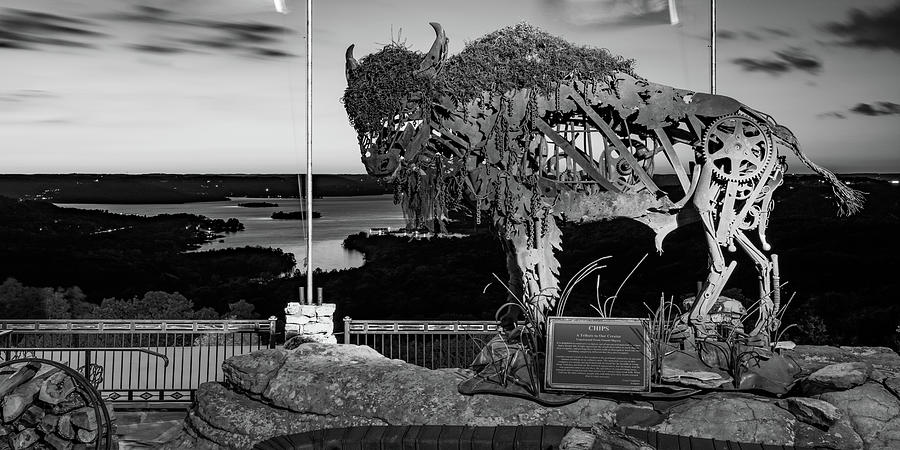 Table Rock Lake Overlook And Chips Buffalo Sculpture Dusk Monochrome Panorama Photograph by Gregory Ballos