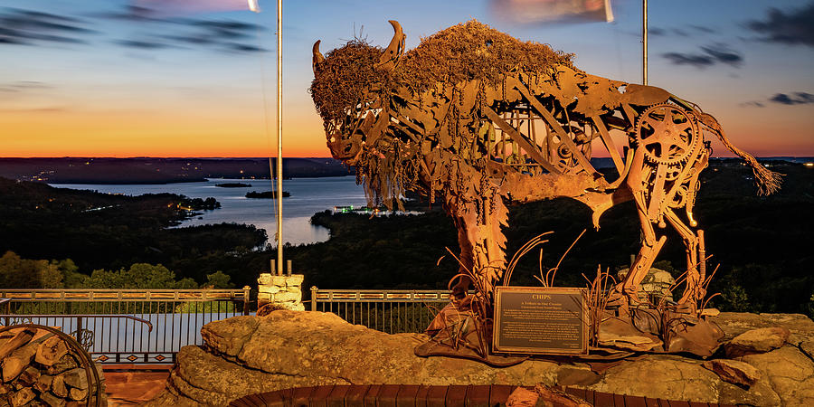 Table Rock Lake Overlook And Chips Buffalo Sculpture Dusk Panorama Photograph by Gregory Ballos