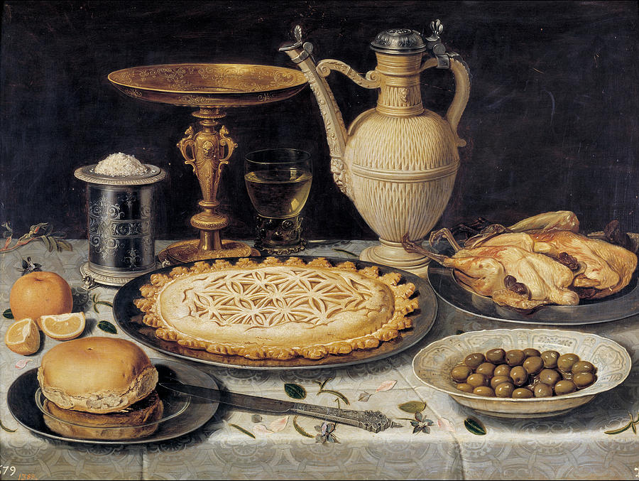 Table with Orange, Olives and Pie is a Baroque oil on canvas painting created by Clara Peeters in 16 Painting by MotionAge Designs