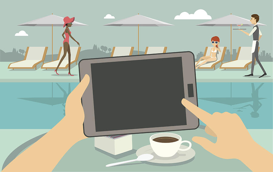 Tablet user at a pool Drawing by Tinbee