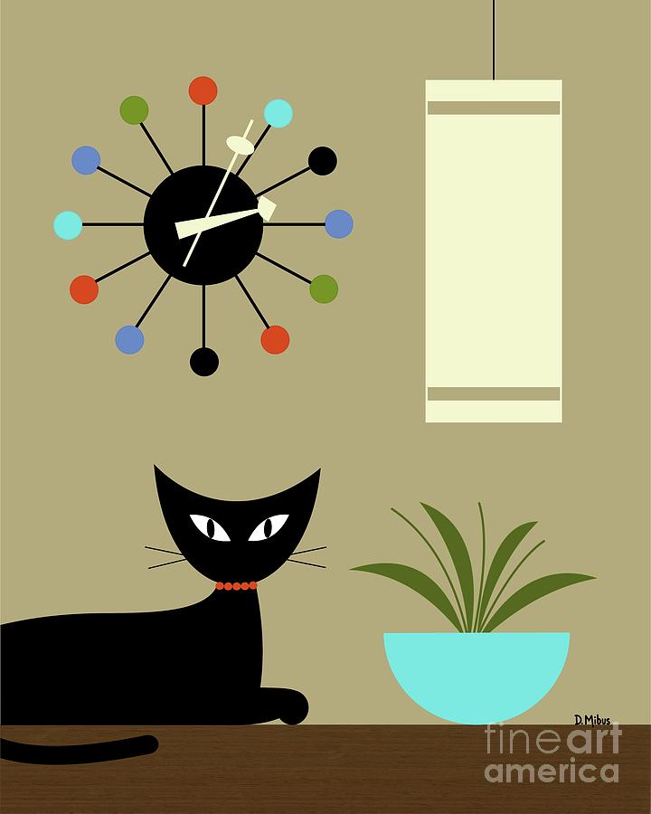 Tabletop Cat with Ball Clock on Beige Digital Art by Donna Mibus