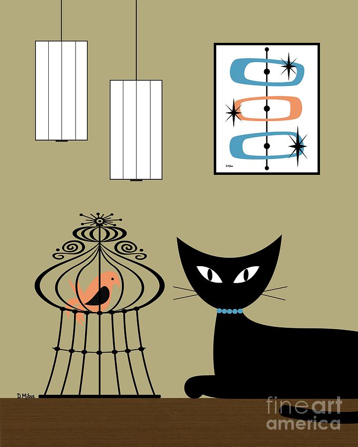 Tabletop Cat with Bird Cage Digital Art by Donna Mibus