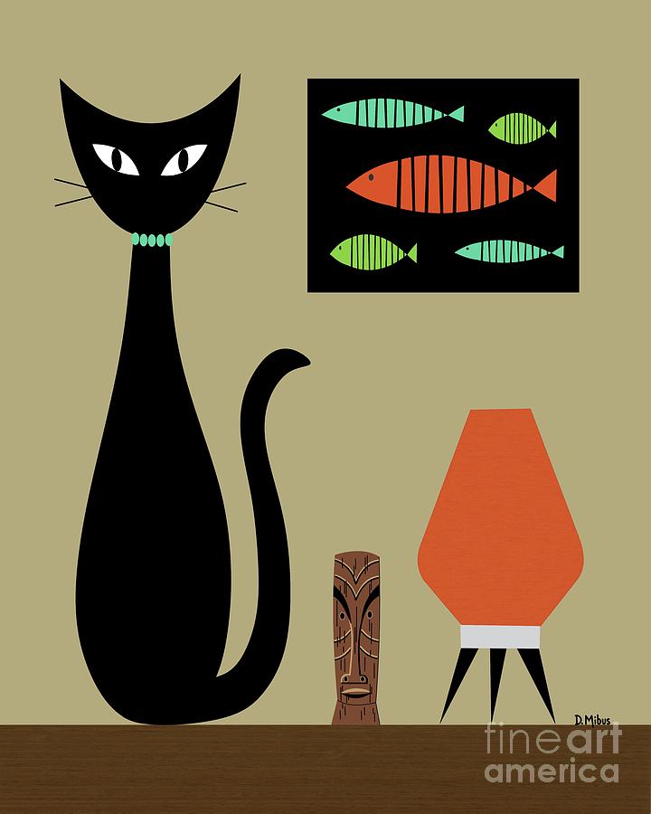 Tabletop Cat with Fish on Beige Digital Art by Donna Mibus