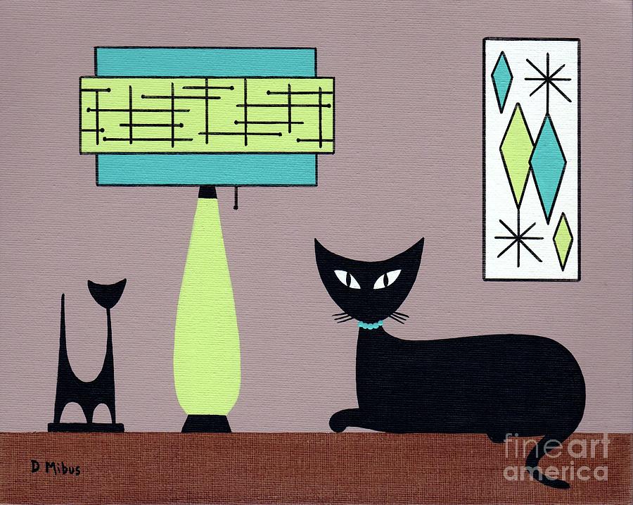 Tabletop Cat with Teal and Avocado Green Lamp Painting by Donna Mibus