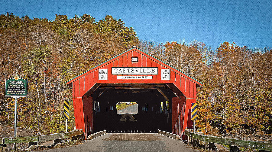 Taftsville Covered Bridge Retro Style Digital Art by Dan Sproul