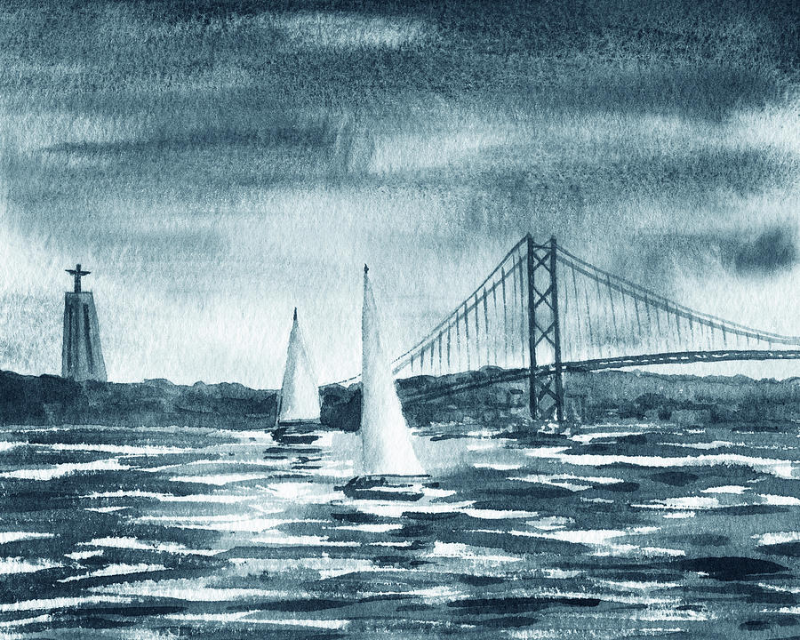 Tagus River Lisbon Portugal The Bridge Twenty Fifth Of April Two Boats Regatta  Painting by Irina Sztukowski