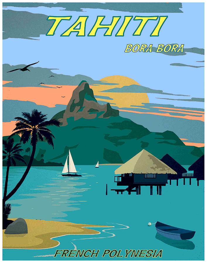 TAHITI Vintage Travel to Bora Bora Advertising Painting by Walsh Davis ...