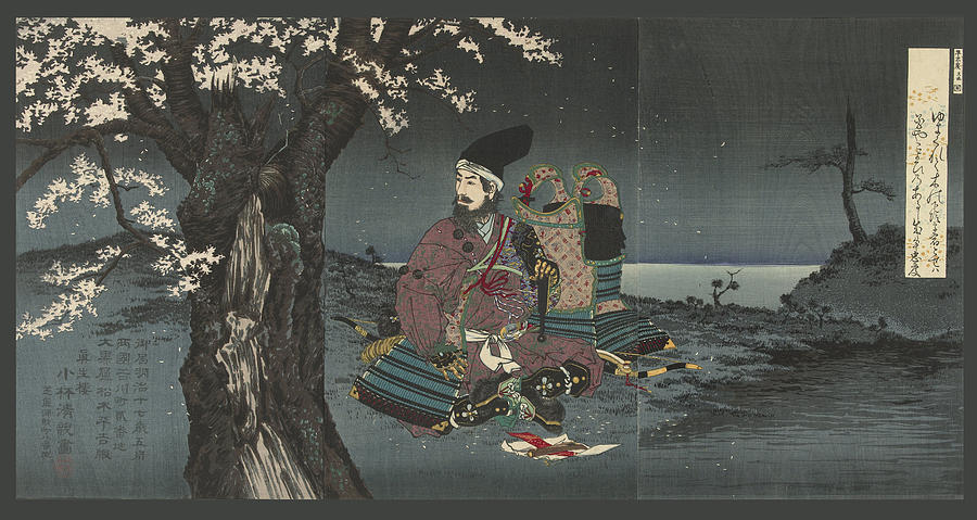 Kobayashi Kiyochika Drawing - Taira no Tadanori under a cherry tree by Kobayashi Kiyochika