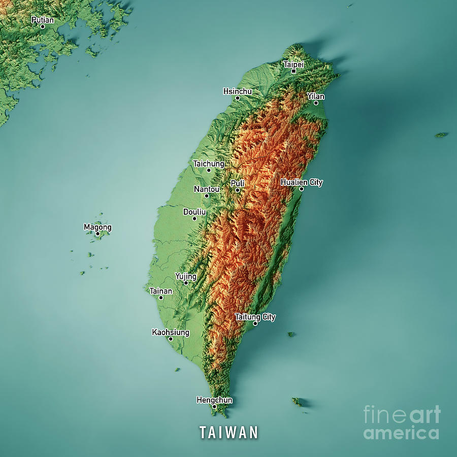 Map Digital Art - Taiwan 3D Render Topographic Map Color Cities by Frank Ramspott