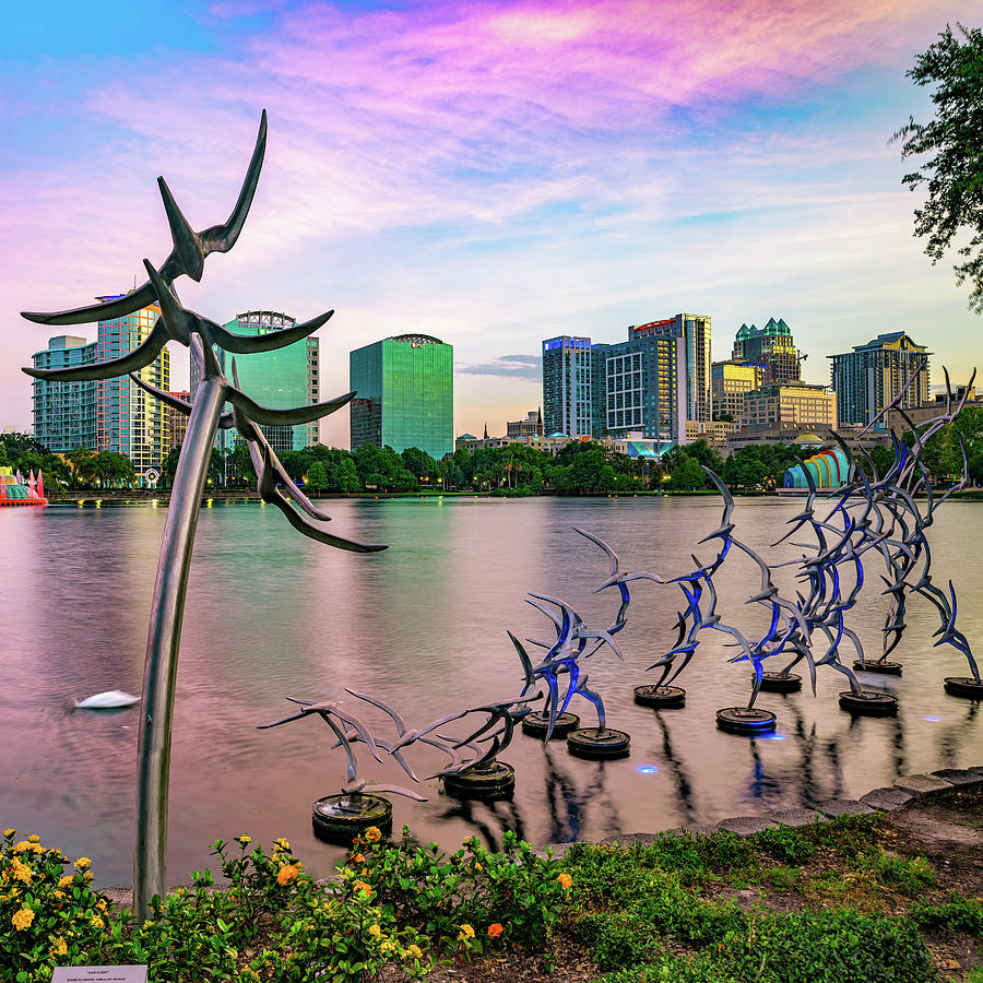 Orlando Skyline Photograph - Take Flight Sculptures on Lake Eola and the Orlando Skyline at Sunset 1x1 by Gregory Ballos